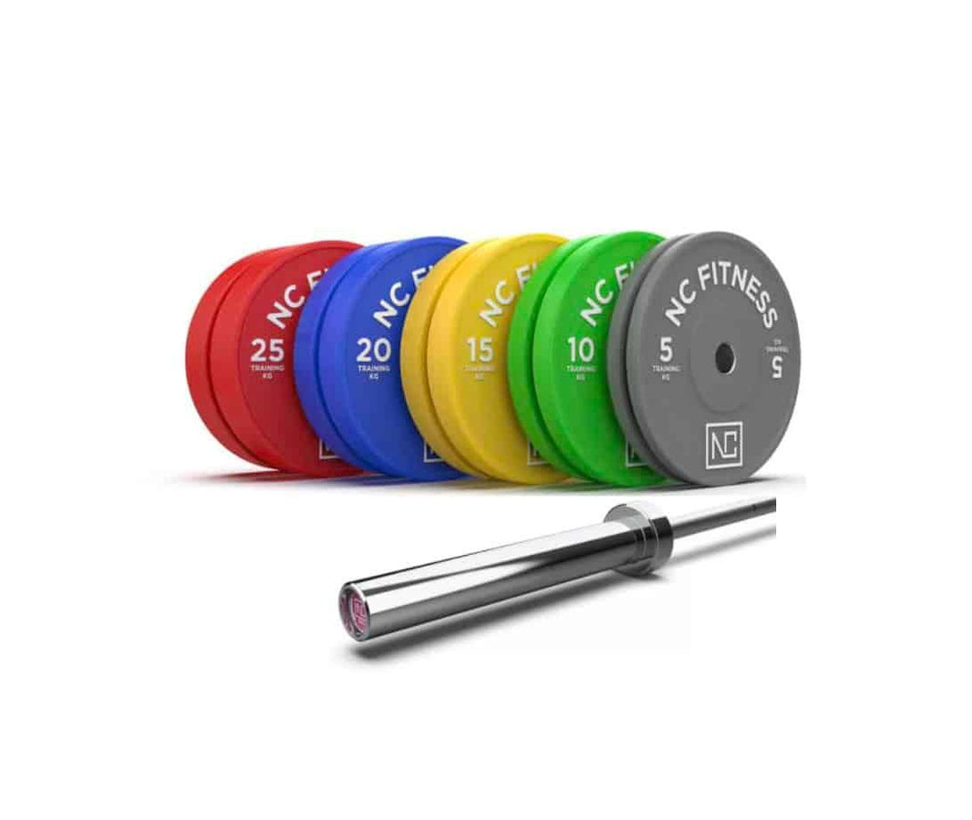 NC Fitness colorful bumper plate set with barbell on white background