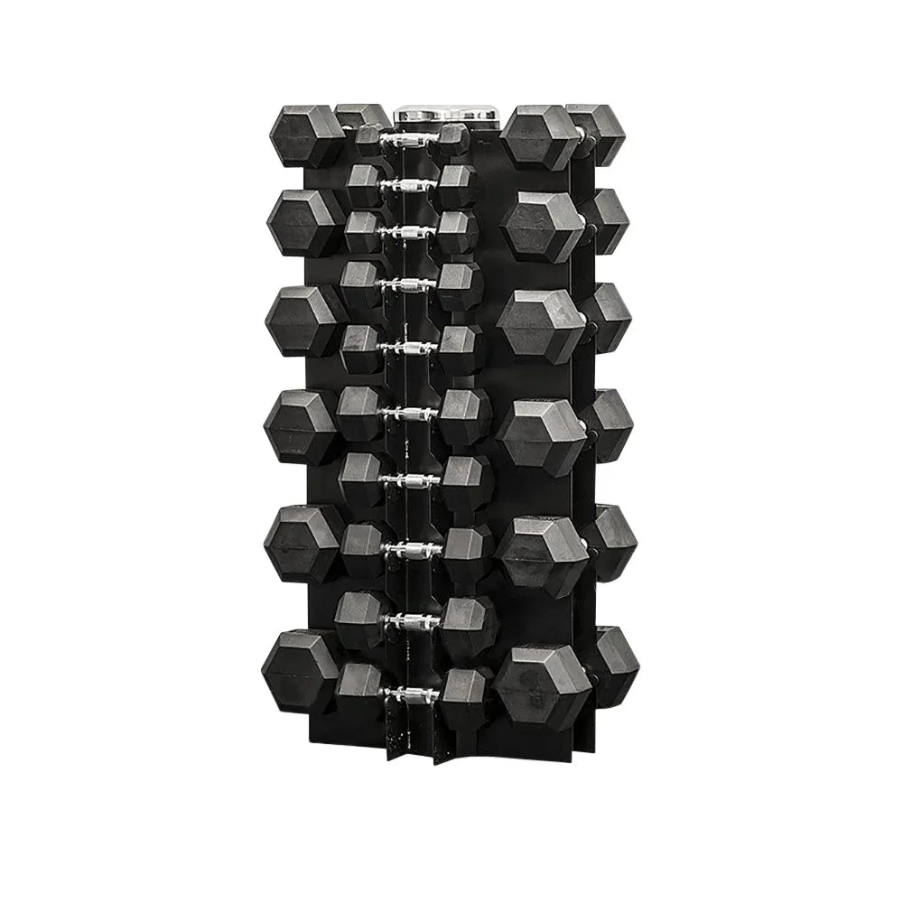Set of black hexagonal rubber dumbbells on a vertical storage rack.