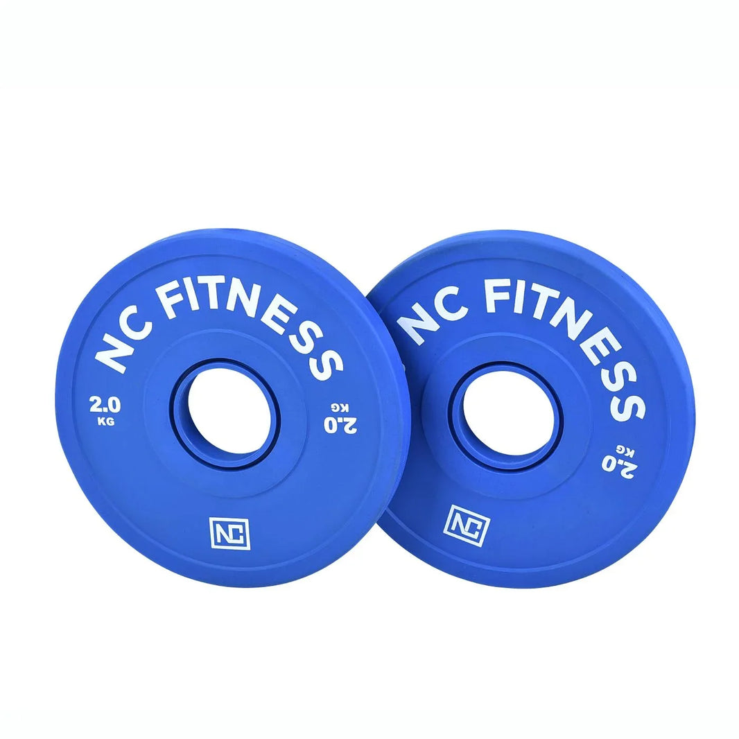 Pair of blue 2.0kg NC Fitness bumper weight plates for gym training.