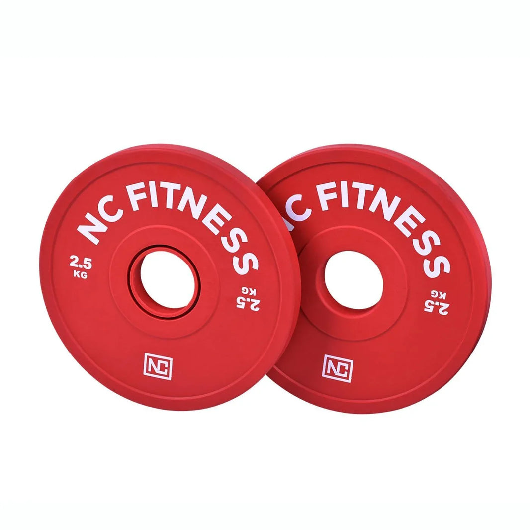 Two red NC Fitness 2.5kg bumper plates for weightlifting