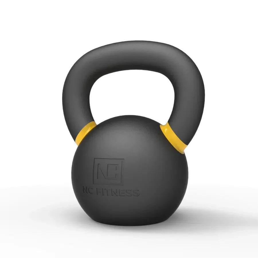 Black NC Fitness kettlebell with yellow accents for strength training