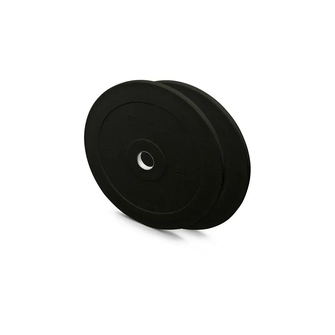 Pair of black bumper weight plates for gym equipment