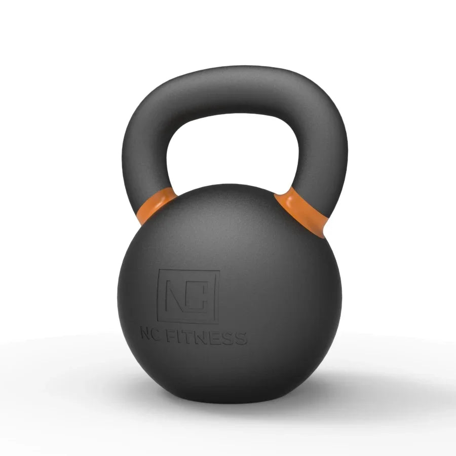 Black NC Fitness kettlebell with orange accents on a white background.