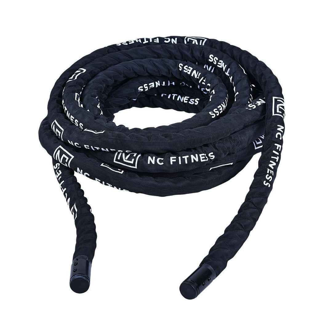 Coiled black NC Fitness battle ropes for commercial gym strength training