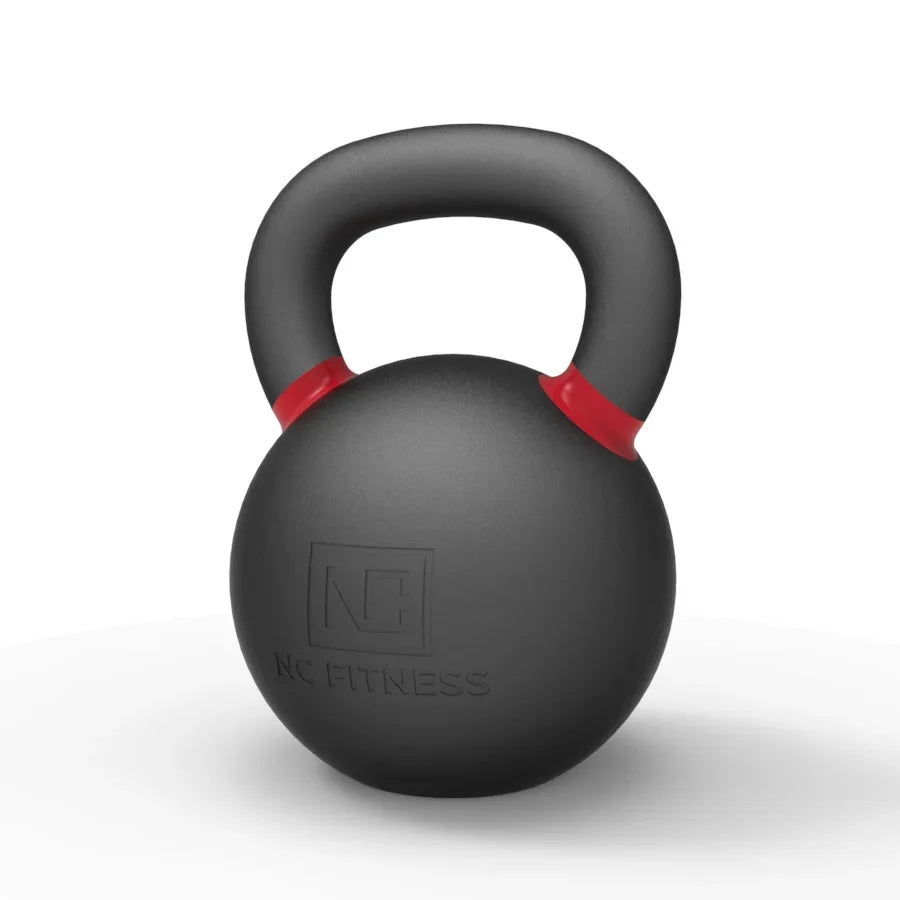 Black matte kettlebell with red accents and NC Fitness logo on a white background.
