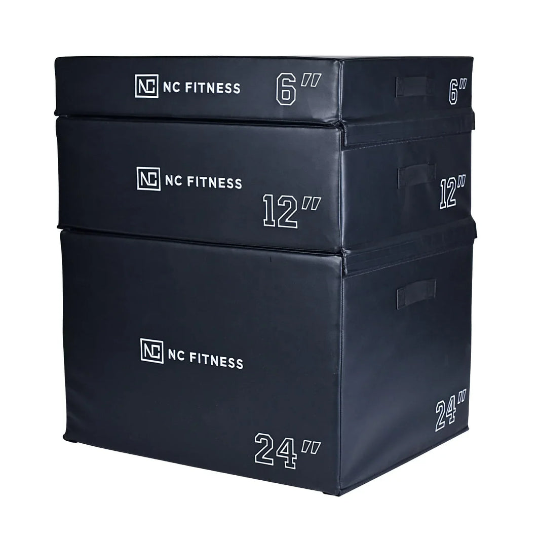 Three black NC Fitness plyometric jump boxes in 6, 12, and 24 inch heights stacked vertically.