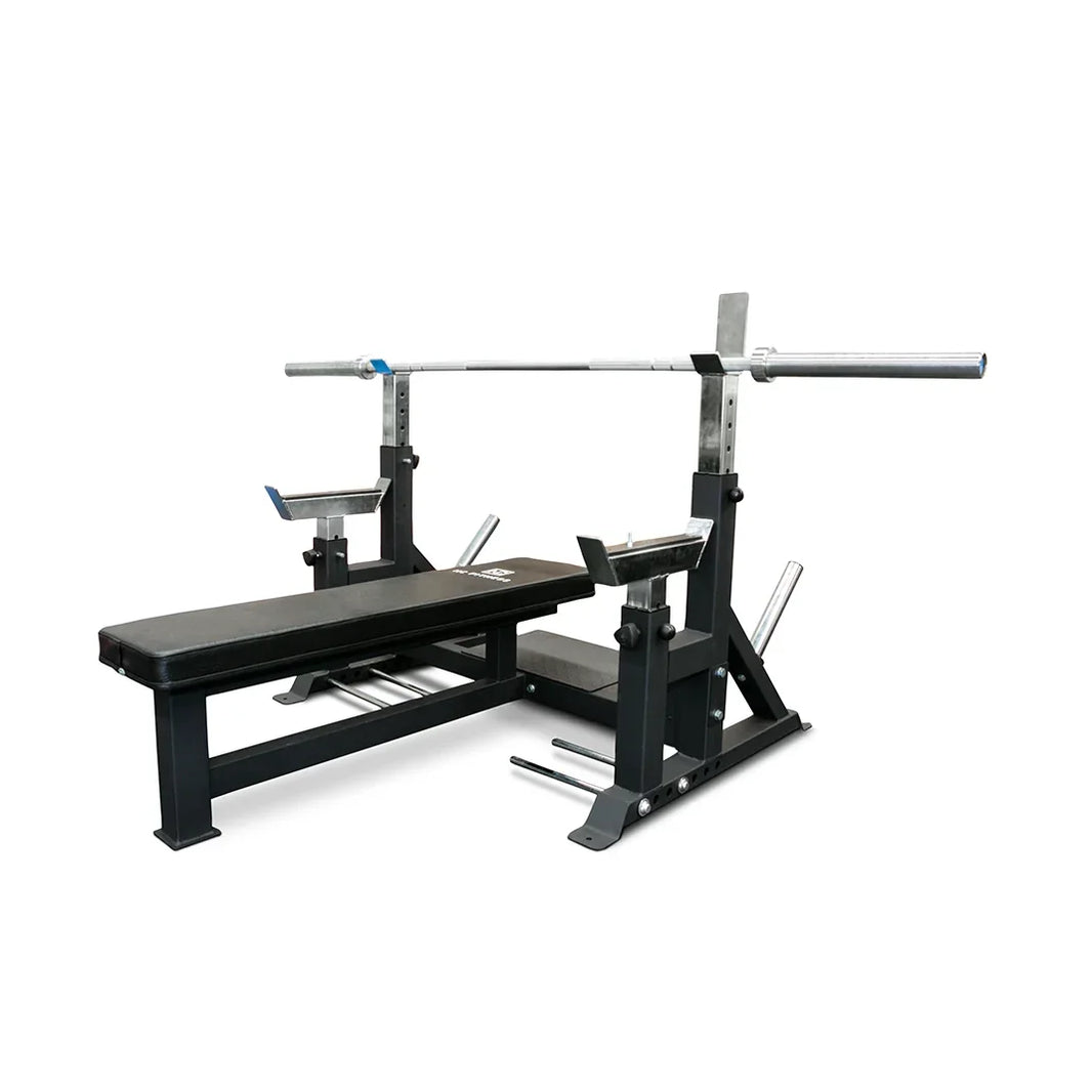 Commercial heavy-duty barbell bench press station for strength training.