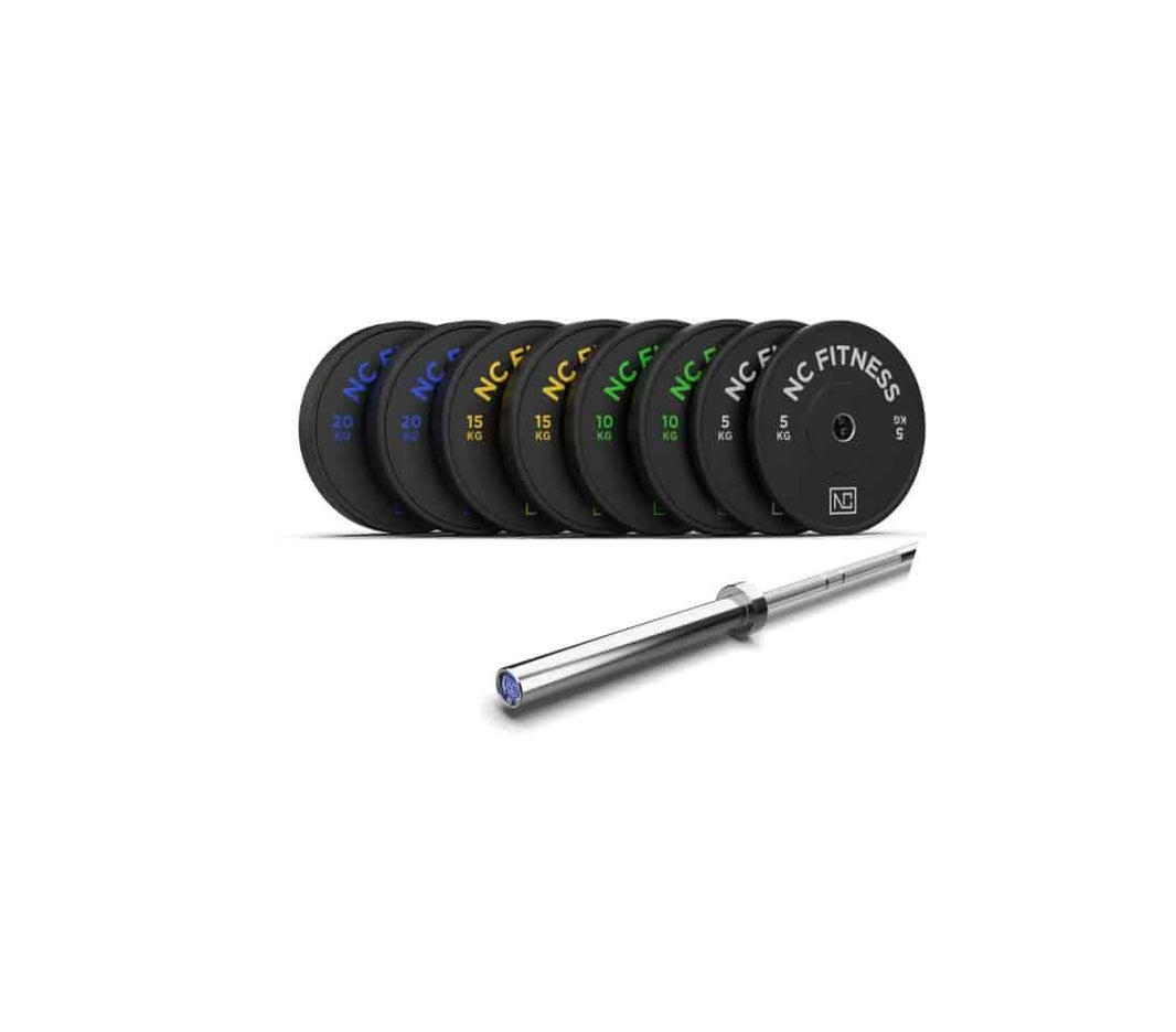 Olympic Bumper Plates (150Kg) + Barbell (15Kg) Set in Black