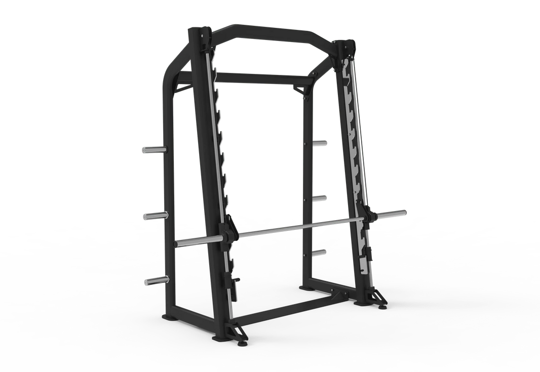 Commercial heavy-duty black steel squat rack with barbell for strength training.