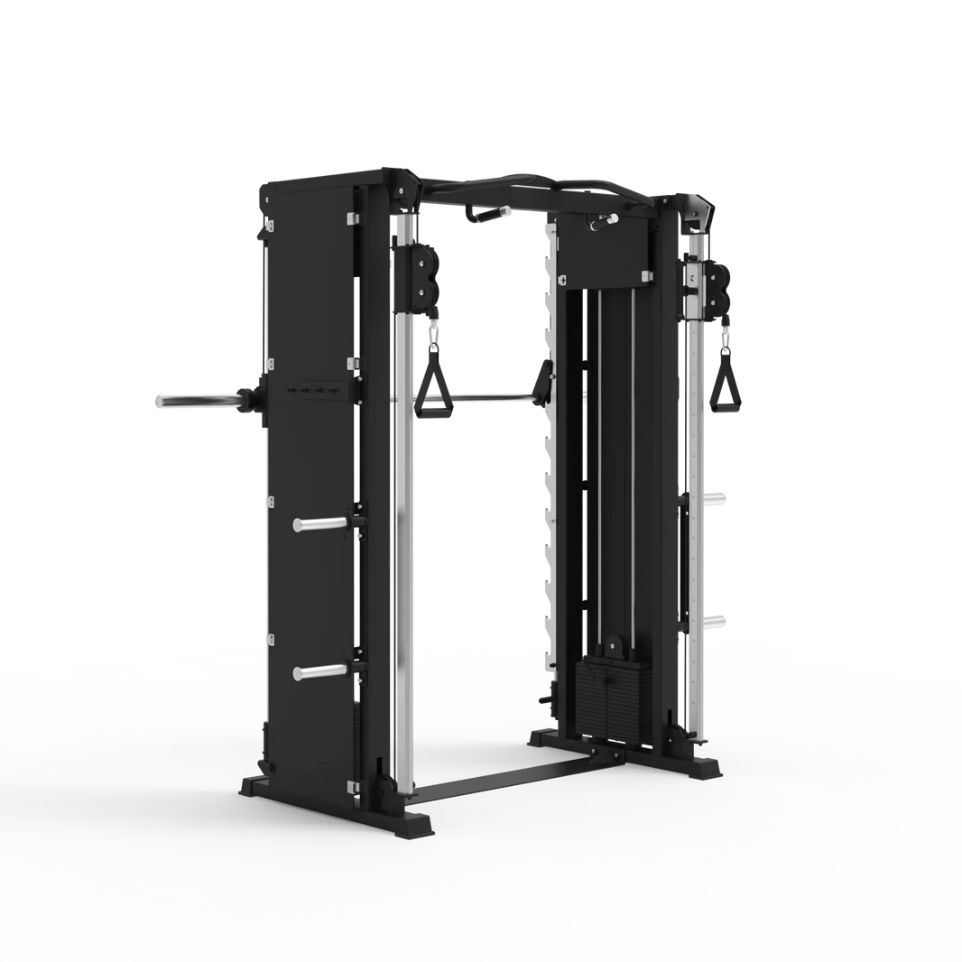 Commercial black multi-functional gym cable machine with weight stacks