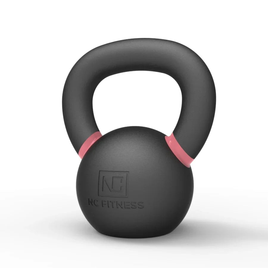 Black kettlebell with pink accents and NC Fitness logo on a white background.