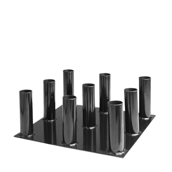 Black commercial weight plate storage rack for gym equipment organization.
