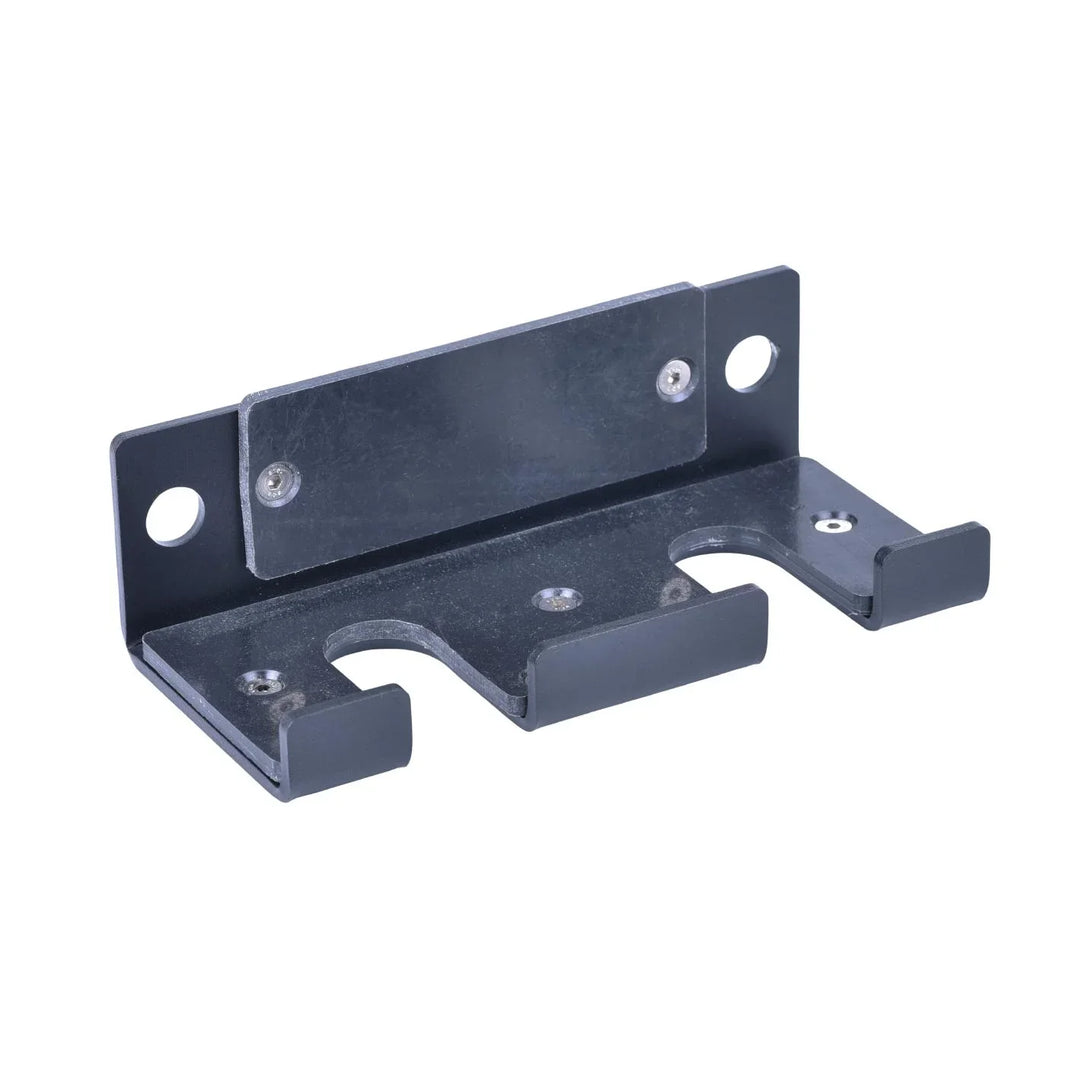 Black heavy-duty metal wall mount rack for gym weight plates.