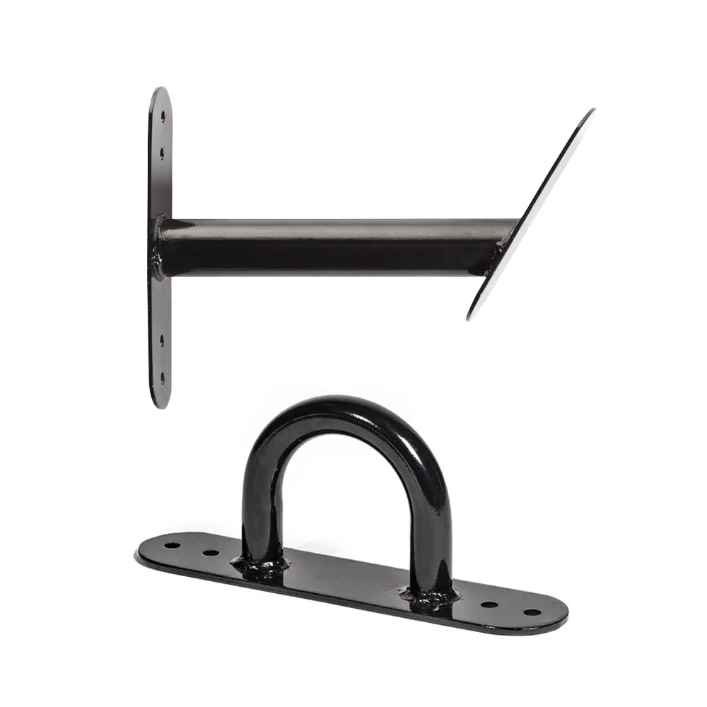 Black heavy-duty metal wall-mounted gym equipment storage racks and brackets.