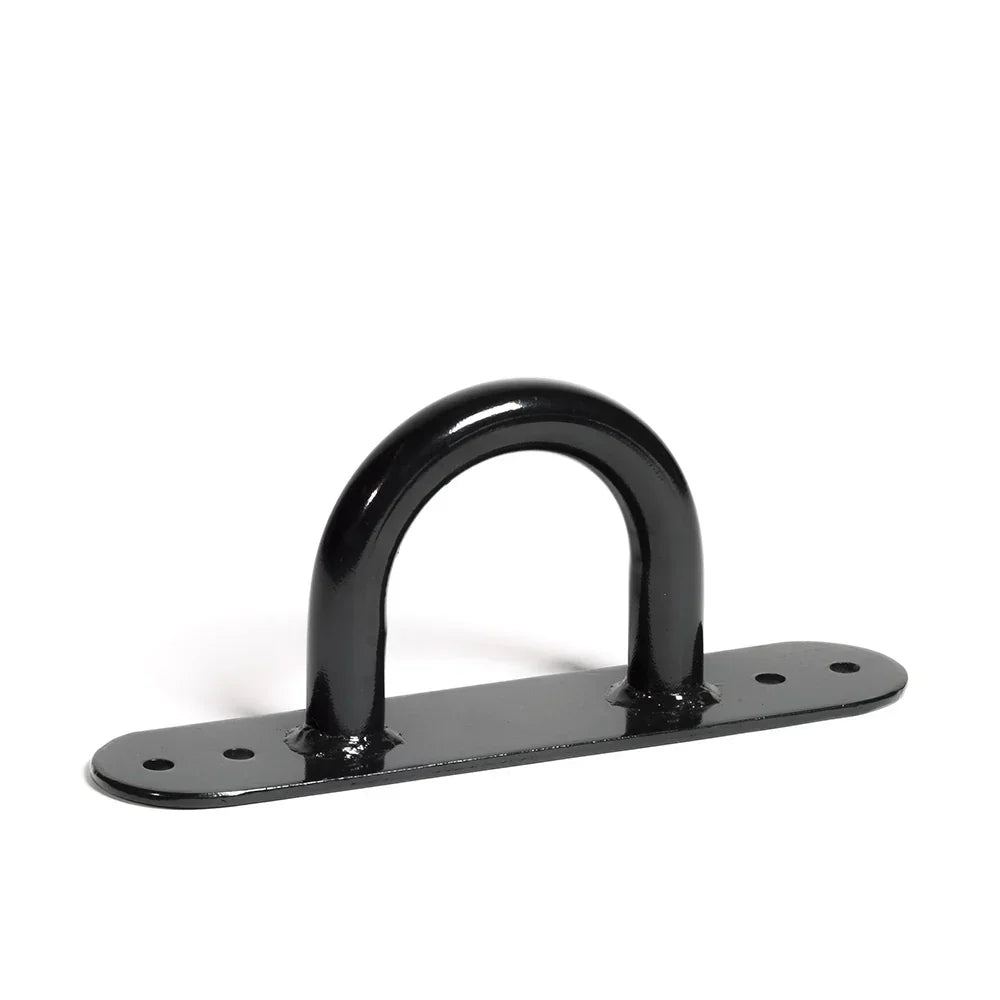 Black heavy-duty metal U-shaped mounting bracket for gym equipment