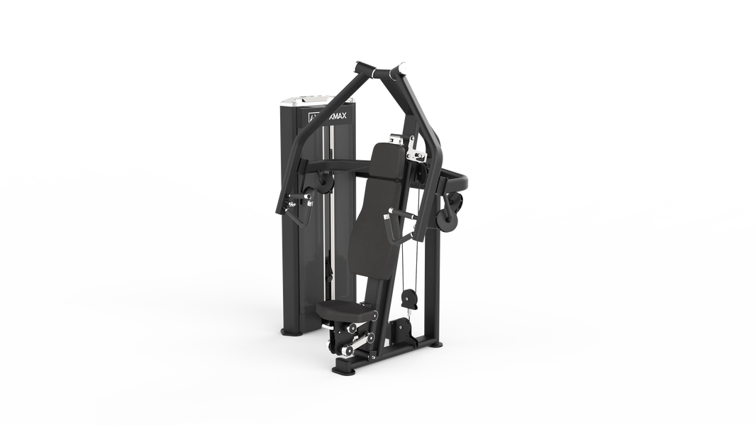 Commercial weight stack chest press machine for strength training.