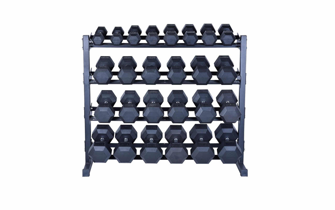 Four-tier black metal dumbbell rack filled with hexagonal rubber coated dumbbells.