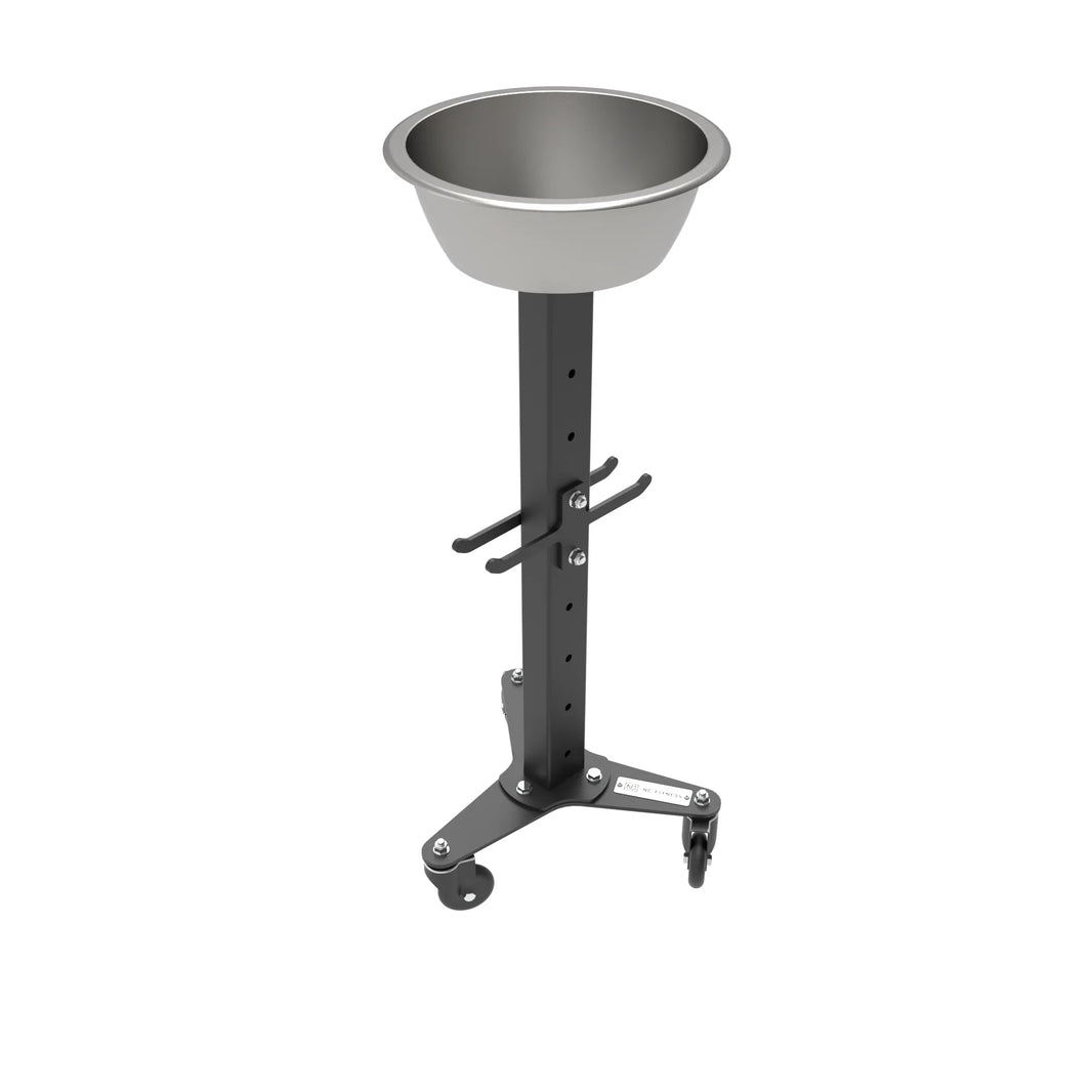 Adjustable mobile weight plate tree with a stainless steel bowl and caster wheels