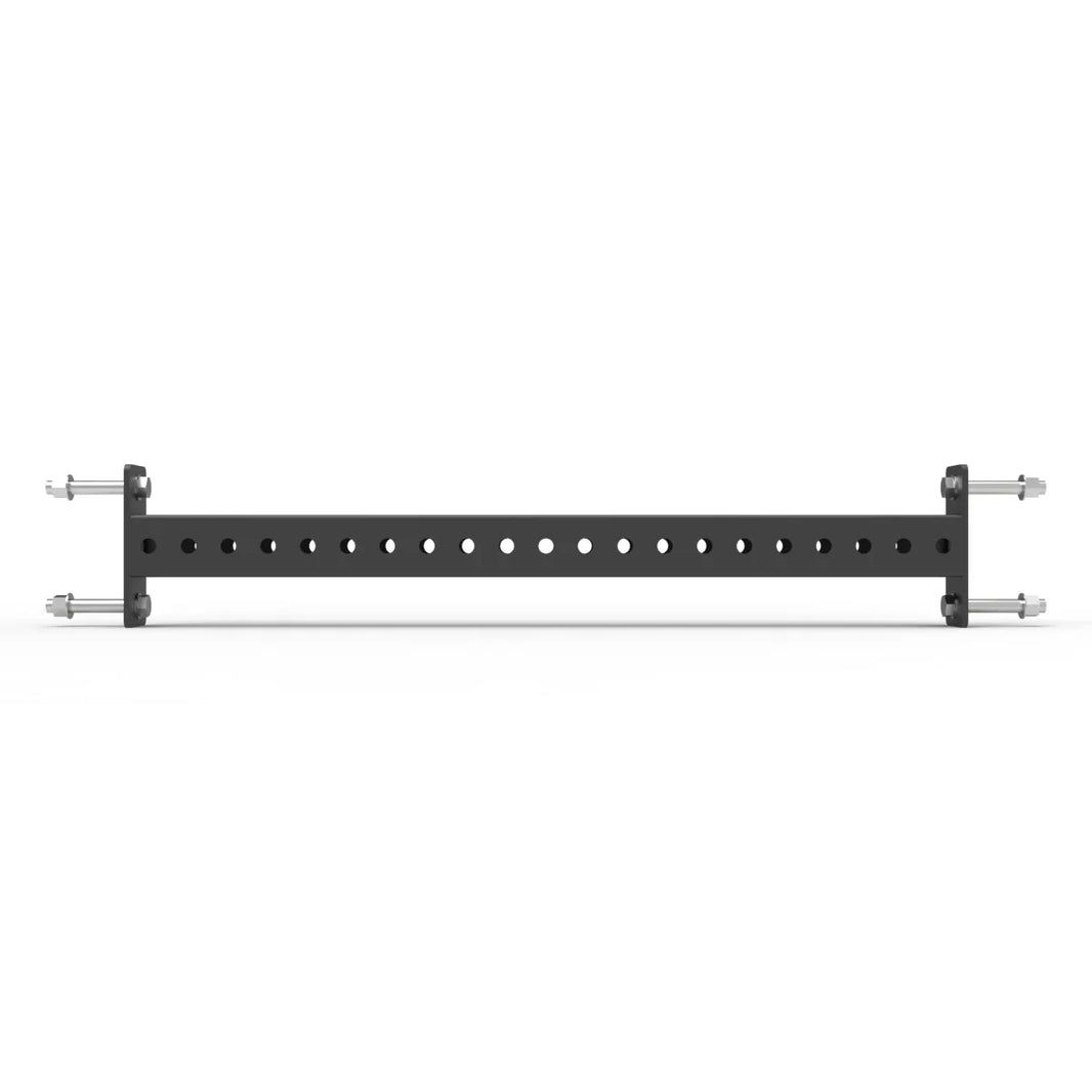 Black commercial gym barbell attachment with multiple holes for weight plates.