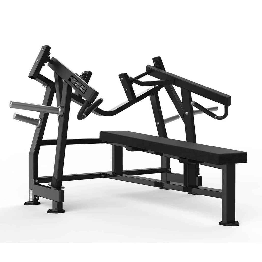 Commercial black plate-loaded chest press machine with padded bench for gym training.