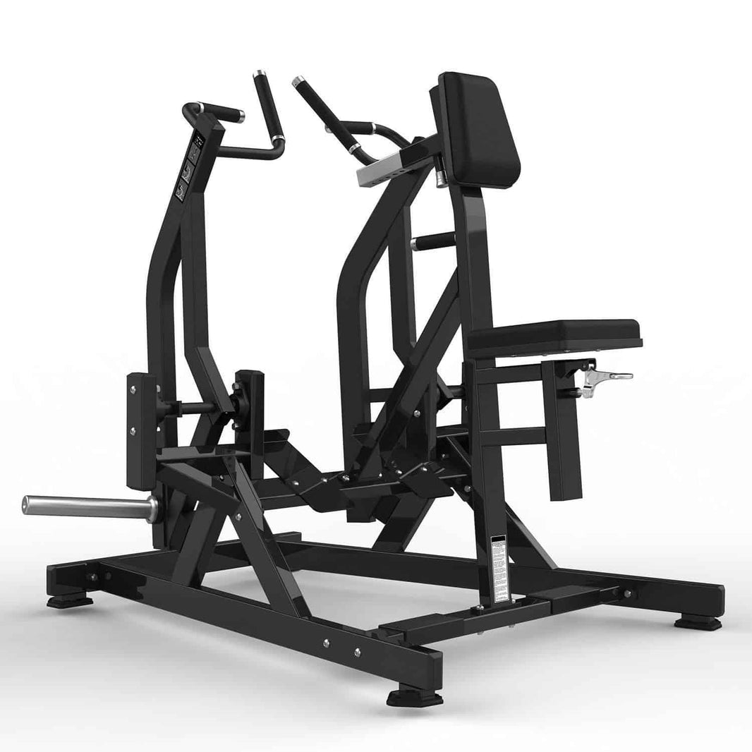Commercial black heavy-duty plate-loaded shoulder press machine for gym training.