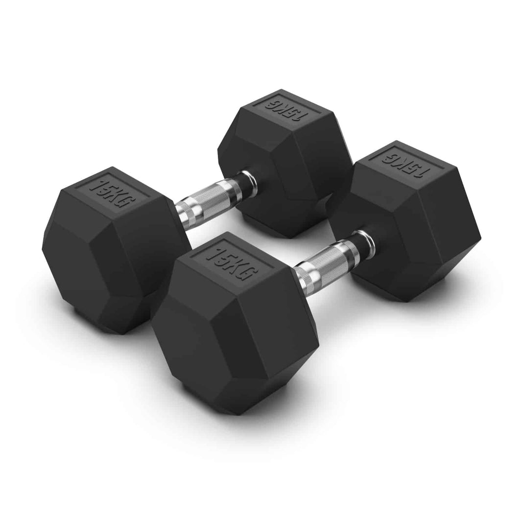 Pair of 15kg hexagonal rubber coated dumbbells for strength training.