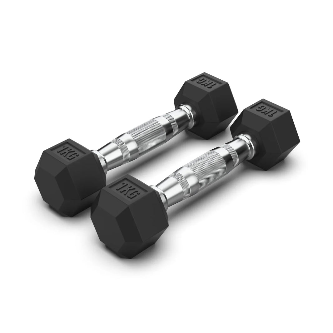 Pair of NC Fitness 1kg rubber hex dumbbells with chrome handles