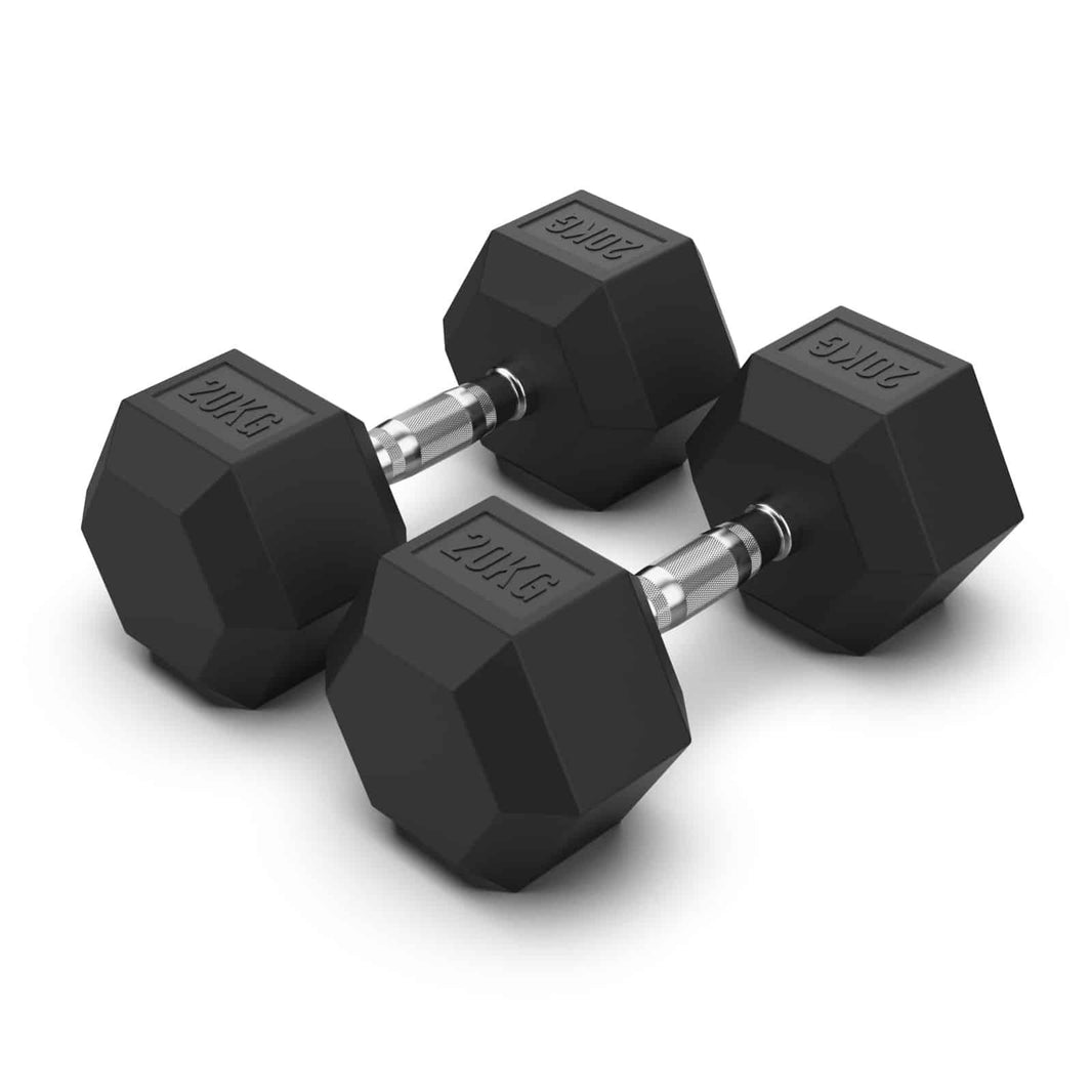Pair of 20kg hexagonal rubber coated dumbbells for strength training.