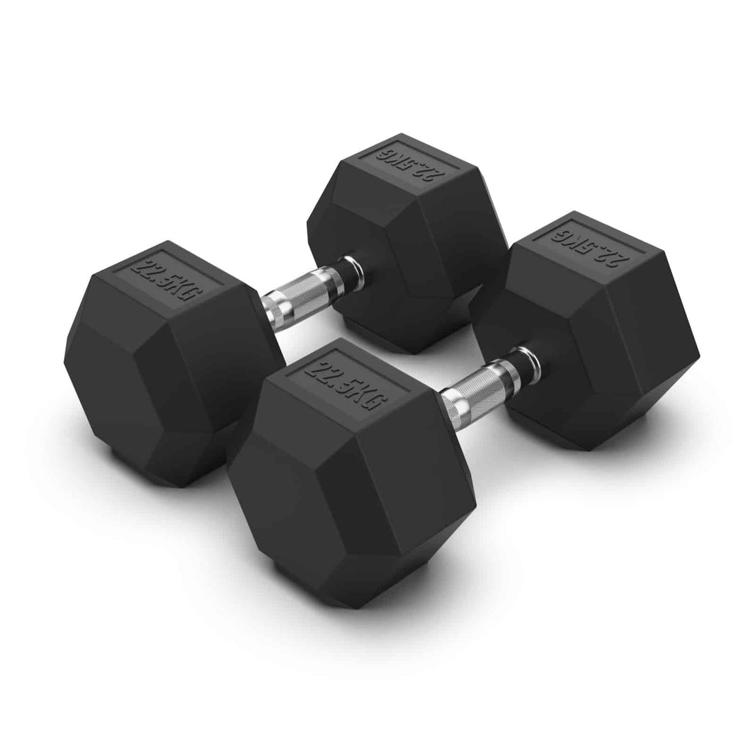 Pair of black 22.5kg hexagonal rubber dumbbells on a white background