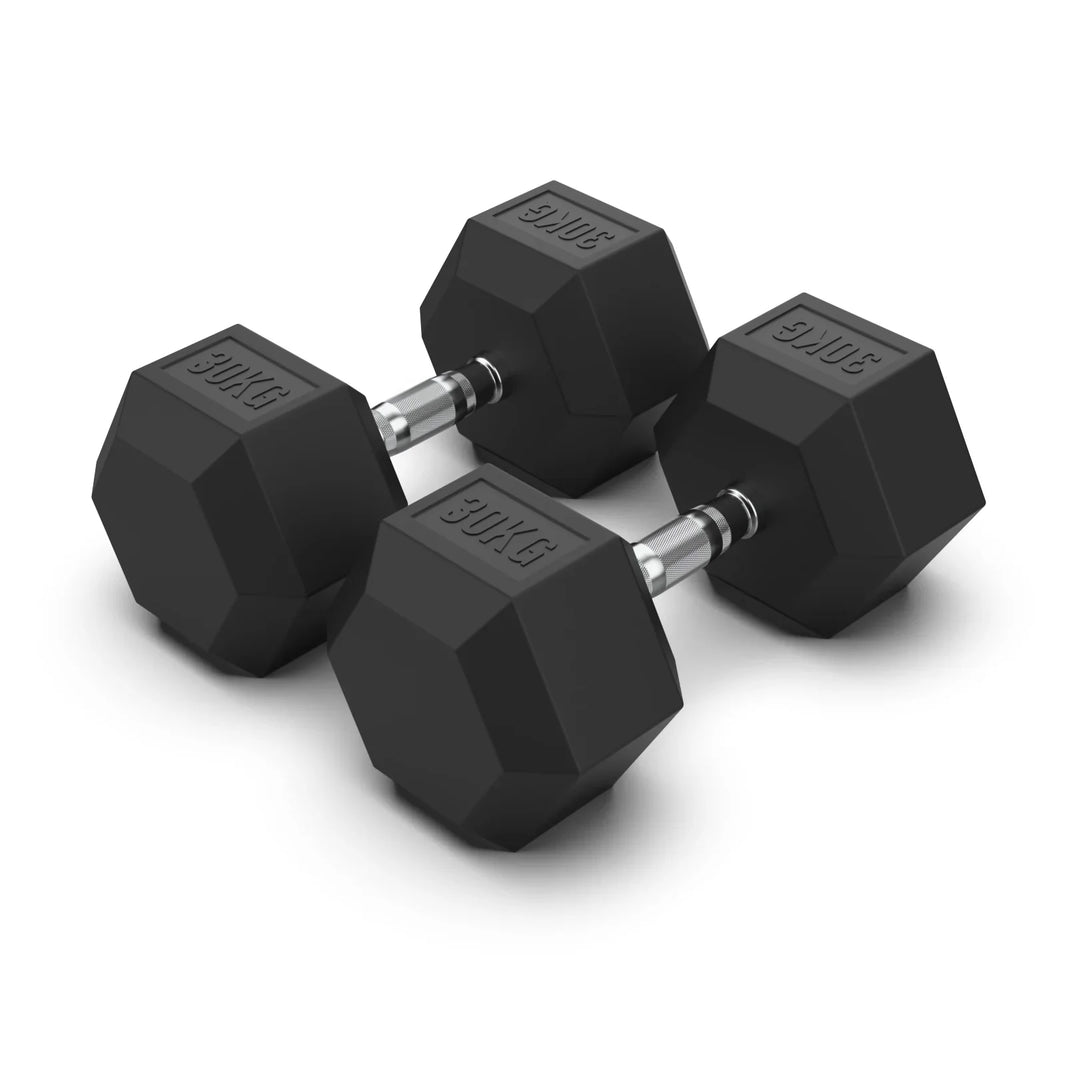 Pair of heavy-duty 30kg hexagonal rubber dumbbells on a white background
