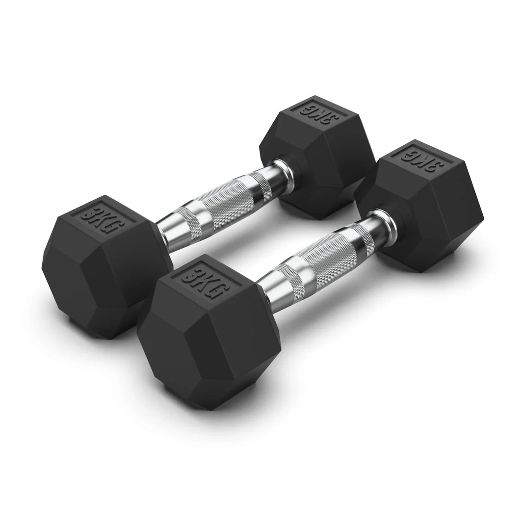Pair of NC Fitness 3kg rubber hex dumbbells with chrome knurled handles