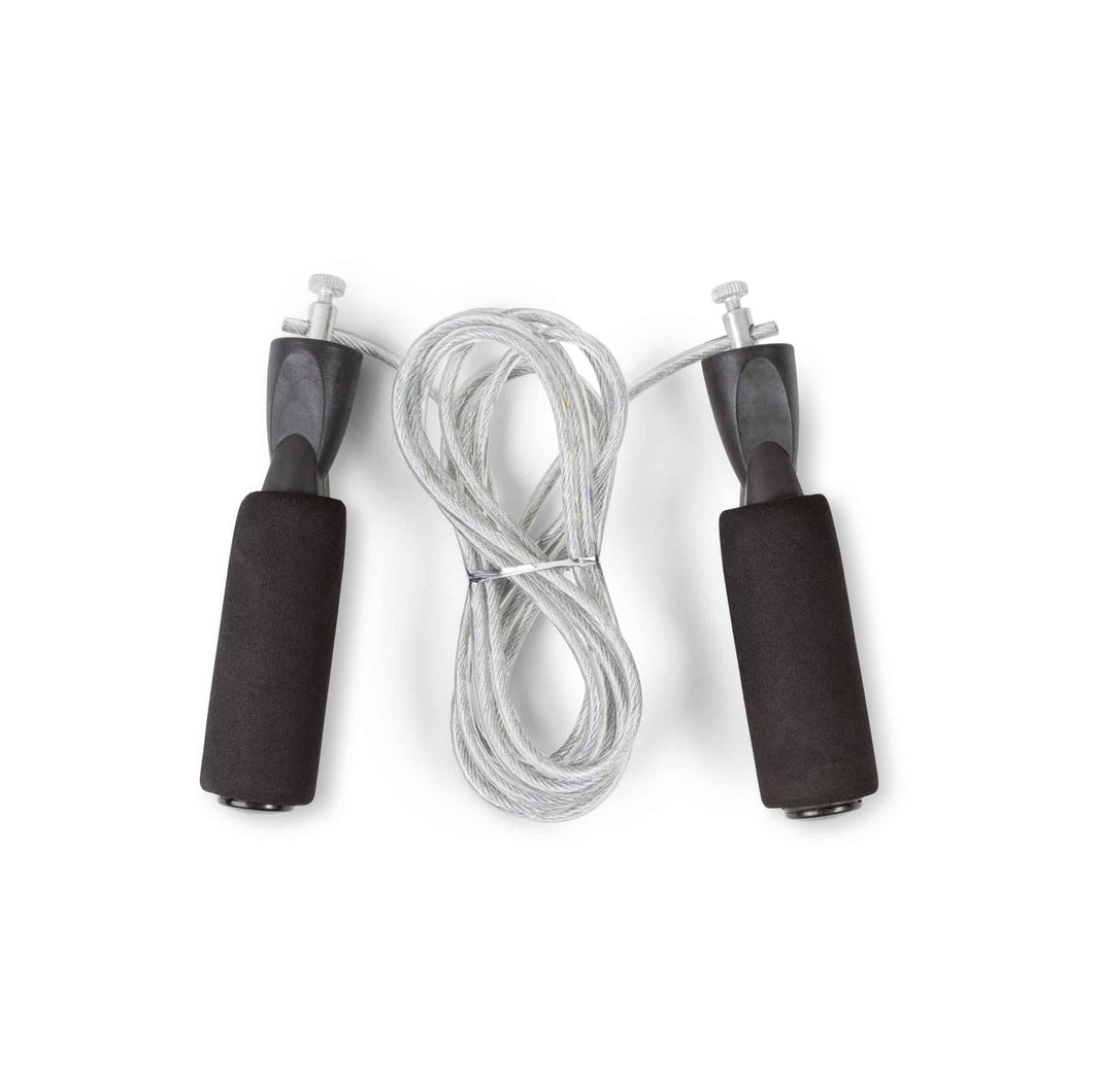 Silver speed jump rope with black foam handles for fitness training