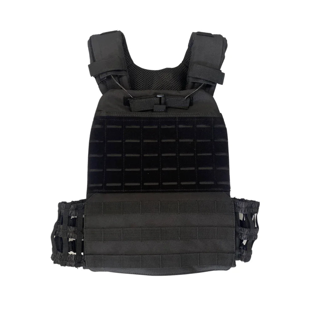 Black weighted training vest with MOLLE webbing for fitness and strength training.