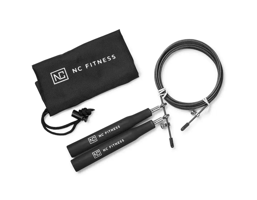 NC Fitness jump rope with black foam handles and a matching carrying pouch.