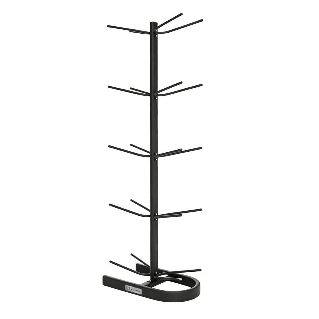 Black multi-tier vertical barbell storage rack for commercial gym organization.