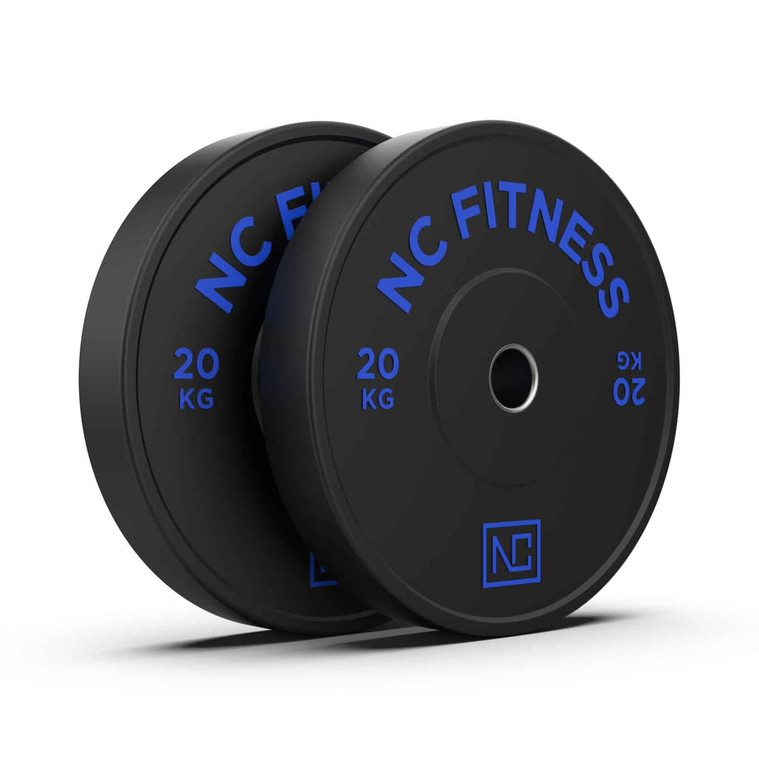 NC Fitness 20kg black rubber bumper plates with blue colour print