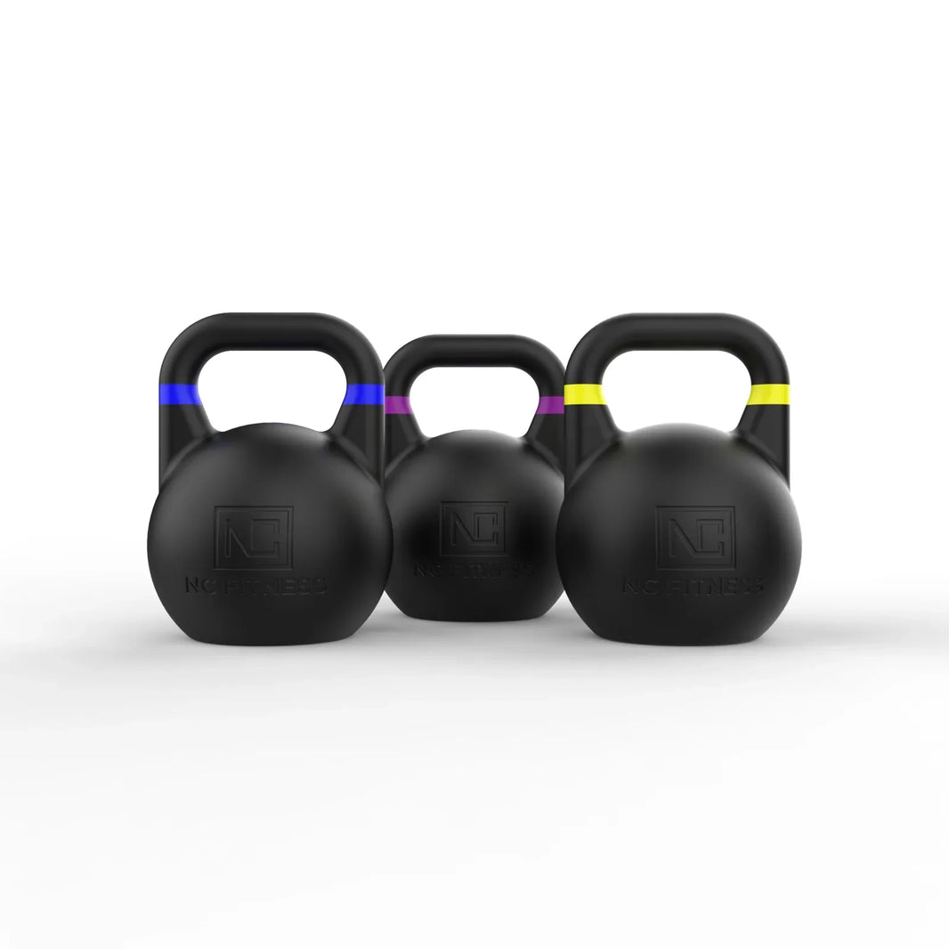 NC Fitness competition kettlebell set in 12kg, 16kg, and 20kg black weights.