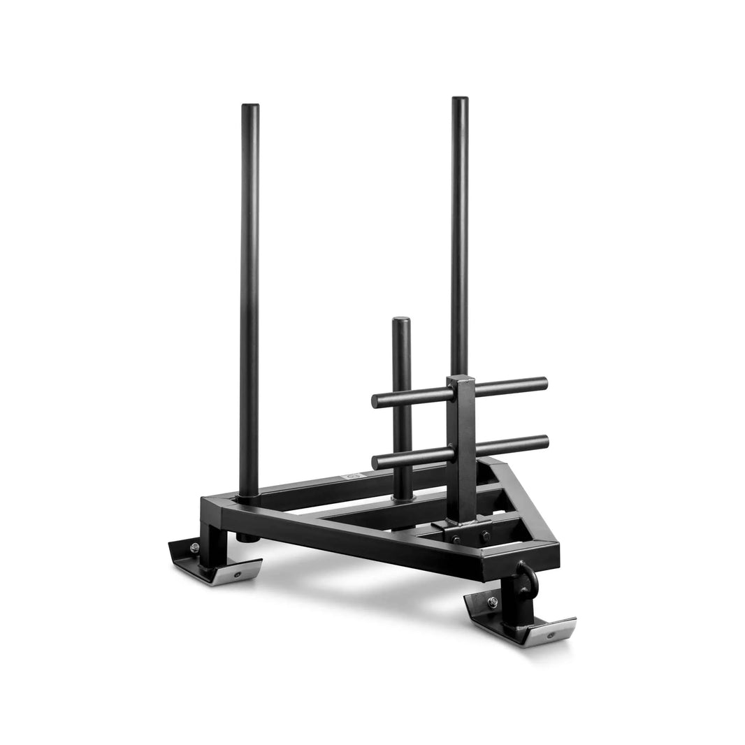 NC Fitness gym prowler sled with weight pegs and harness attachment on a white background