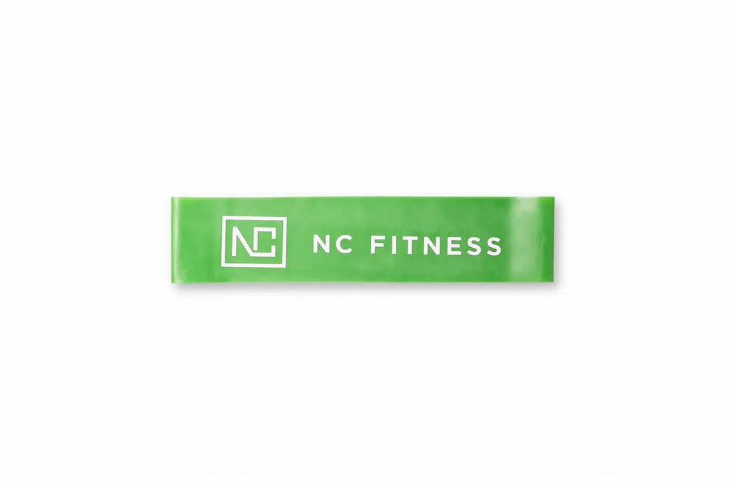 Green NC Fitness micro resistance band for strength training.