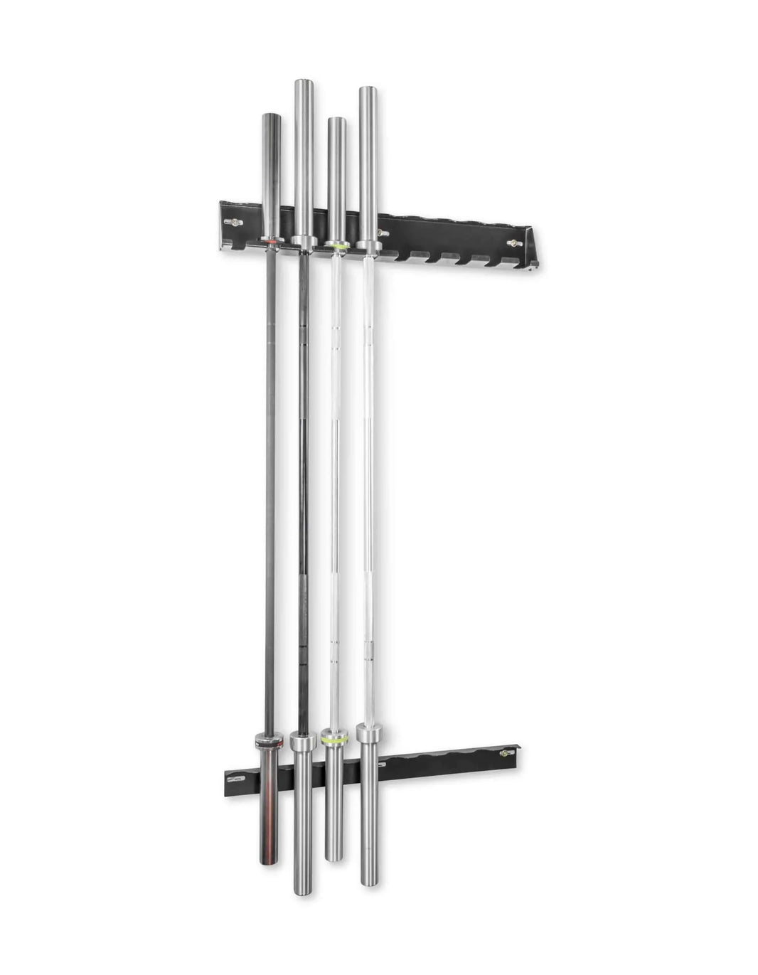 Vertical barbell storage rack holding multiple weightlifting bars for gym organization.