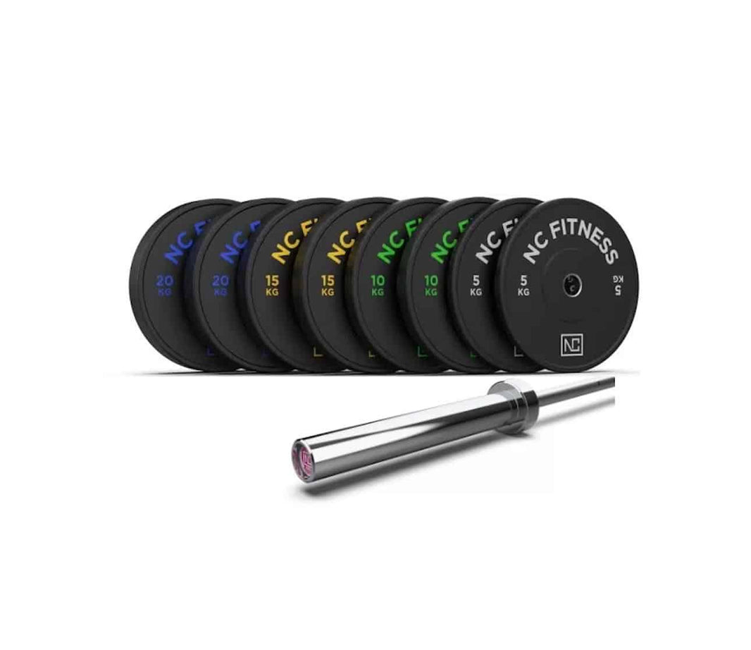 NC Fitness weight plates in various sizes and a chrome barbell on a white background