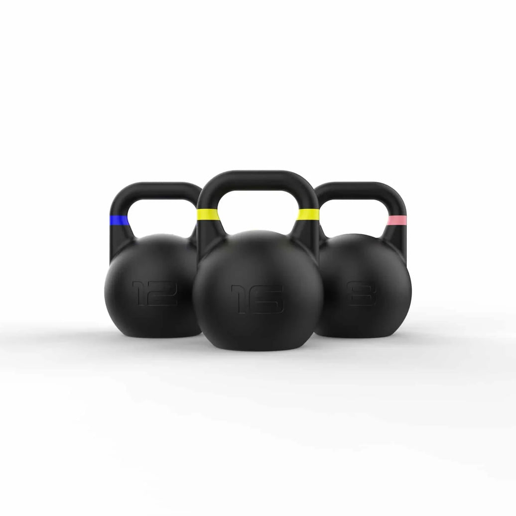 NC Fitness competition kettlebell set in black with color-coded weight markings.