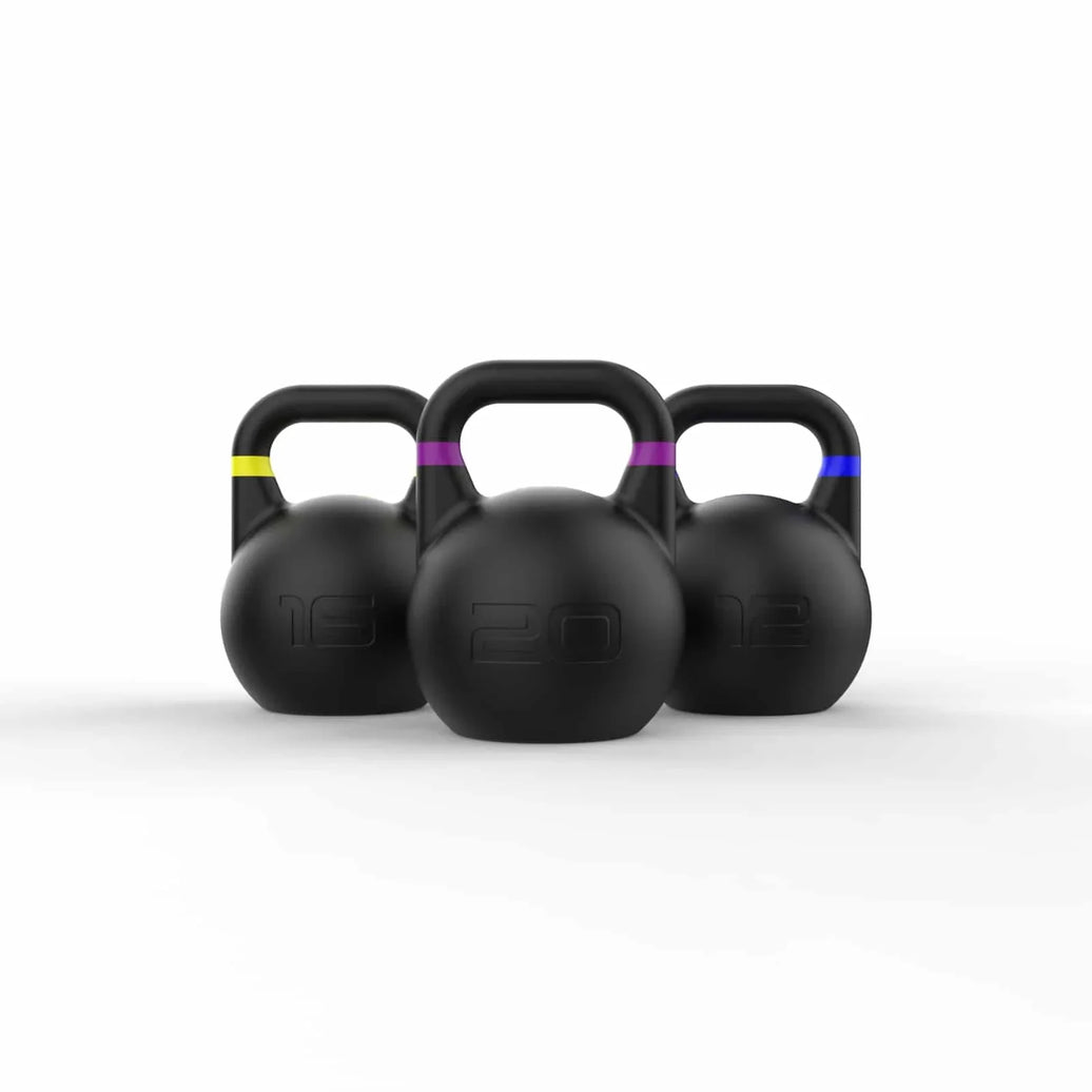 NC Fitness competition kettlebell set in 12kg, 16kg, and 20kg black weights.