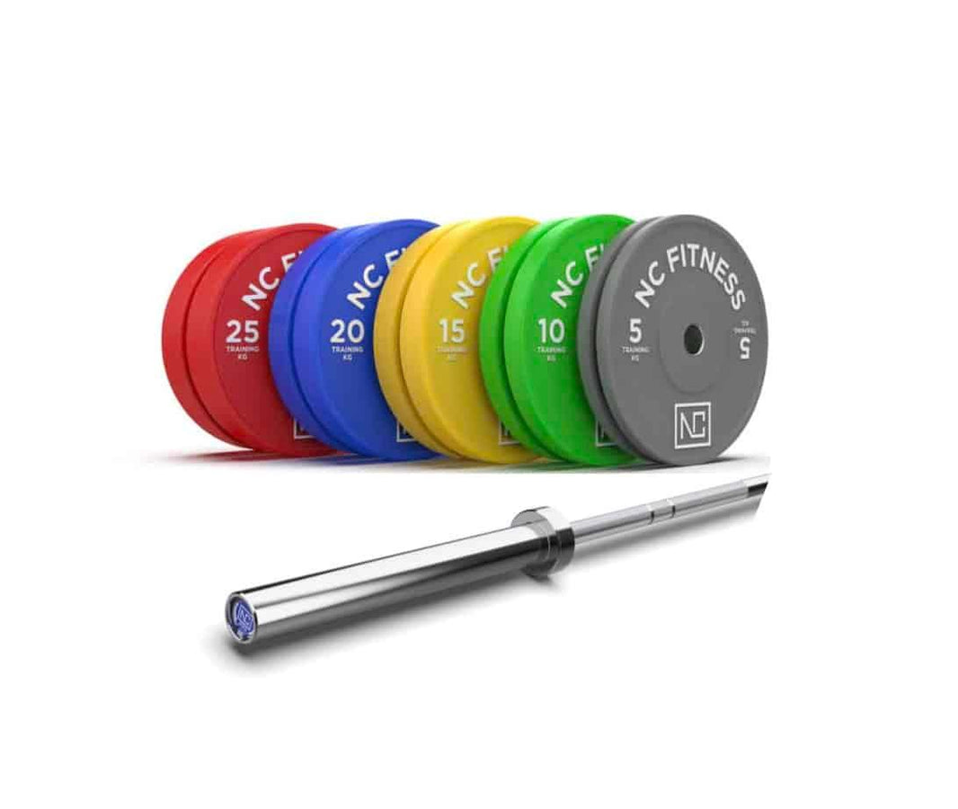 Colorful NC Fitness Olympic bumper plates and a barbell on a white background