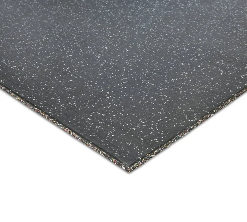 Black speckled rubber gym flooring tile for commercial weight rooms.