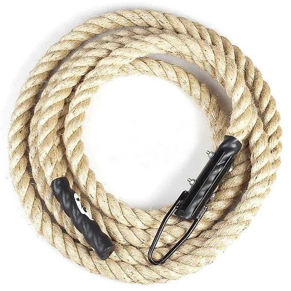 NC Fitness 7m x 38mm climbing and sled pull rope with black handles.