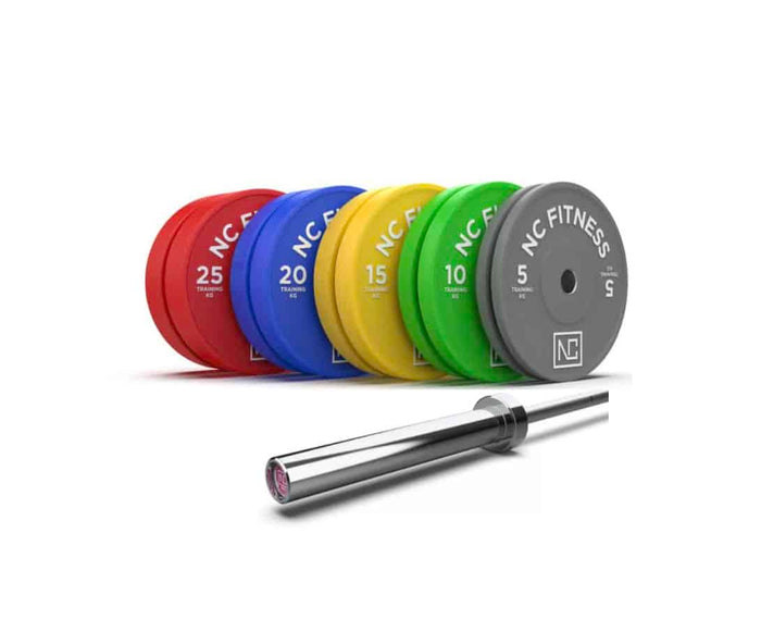 150kg Coloured Olympic Bumper Plates and 15kg Hard Chrome Barbell