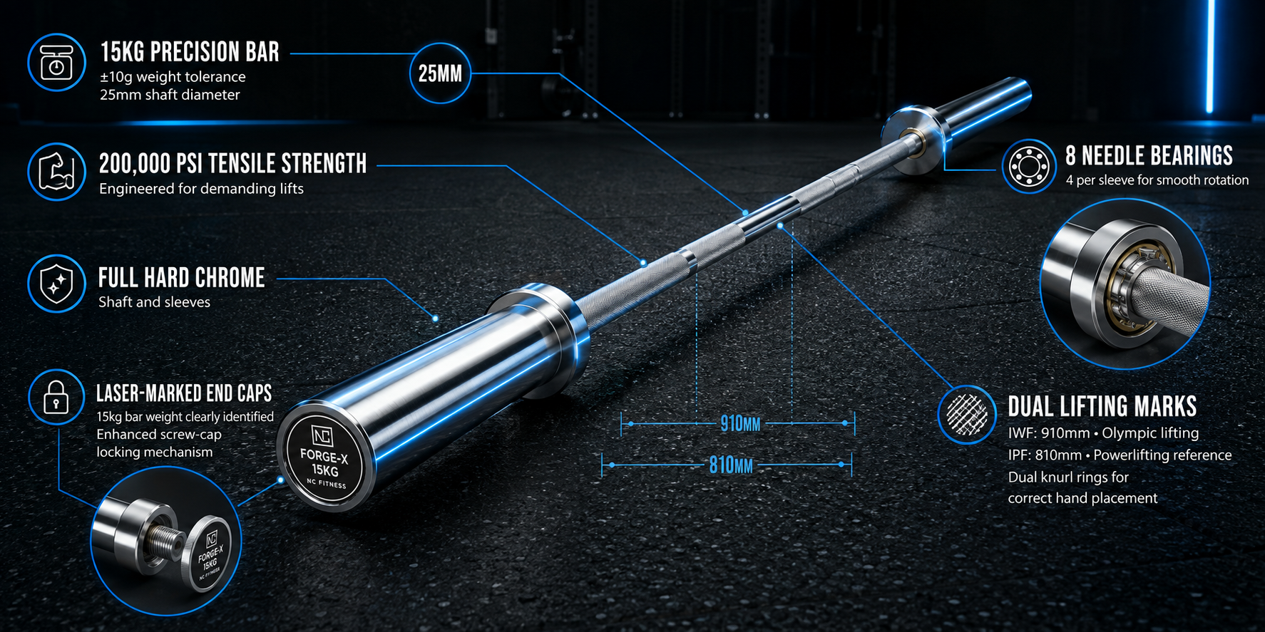 A polished chrome power bar on a dark textured studio floor, surrounded by blue callout lines and circular detail insets showing features such as 15kg precision bar, 25mm shaft diameter, 200,000 PSI tensile strength, 8 needle bearings, laser-marked end caps, and dual lifting marks.