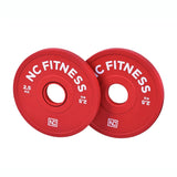 Two red NC Fitness 2.5kg bumper plates for weightlifting