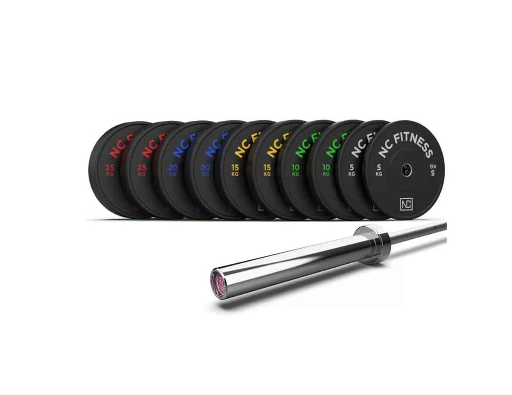 Olympic Bumper Plates (150Kg) + Barbell (15Kg) Set in Black